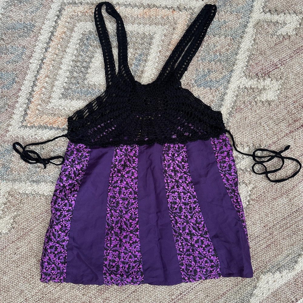 Free People Black and Purple Crochet Tank Top